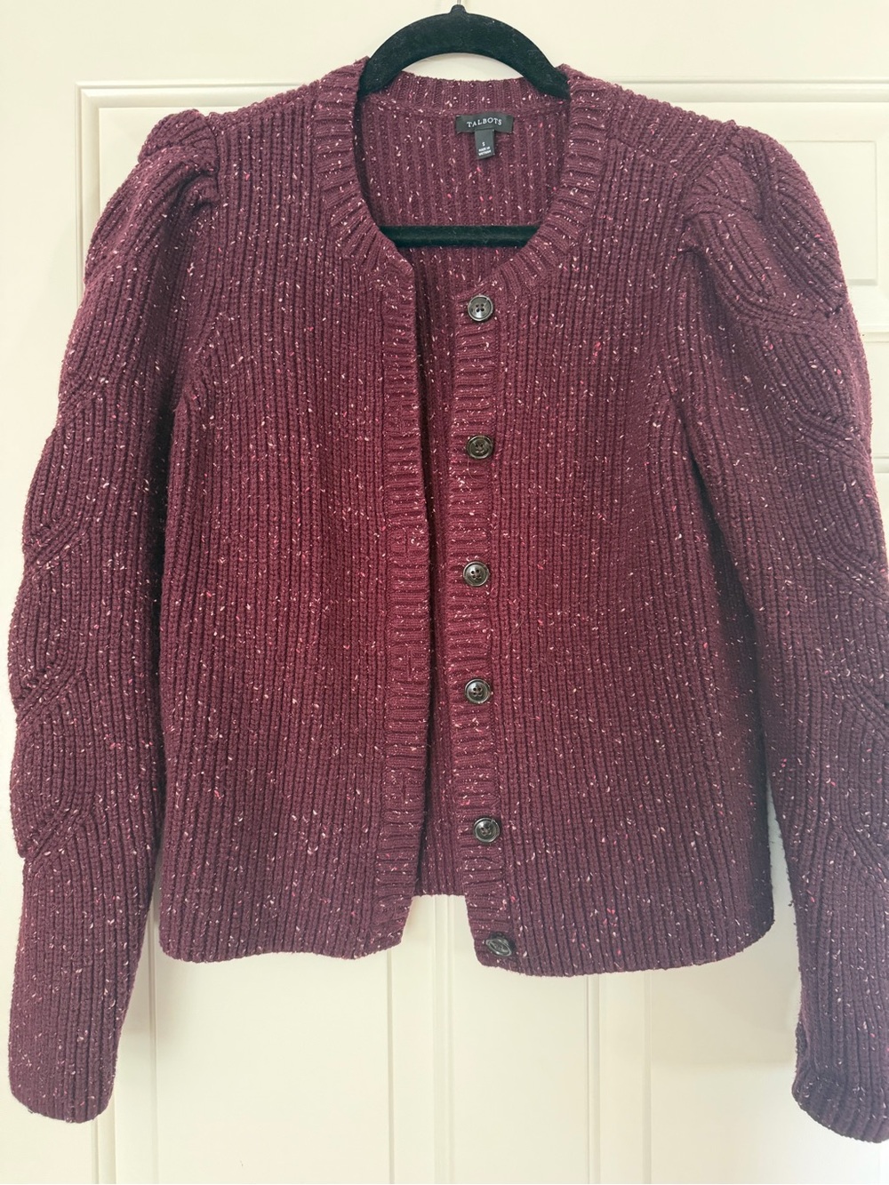 Talbots Burgundy Ribbed Button-Front Cardigan with Metallic Flecks